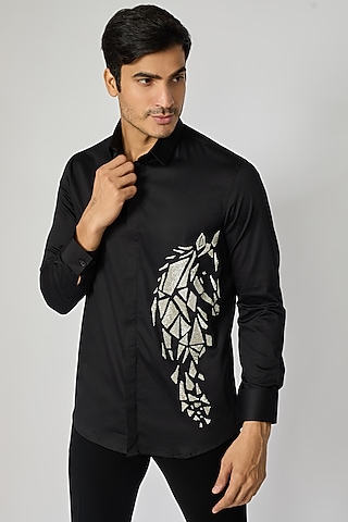 Black Cotton Cutdana Horse Motif Embroidered Shirt by SANJANA REDDY MEN