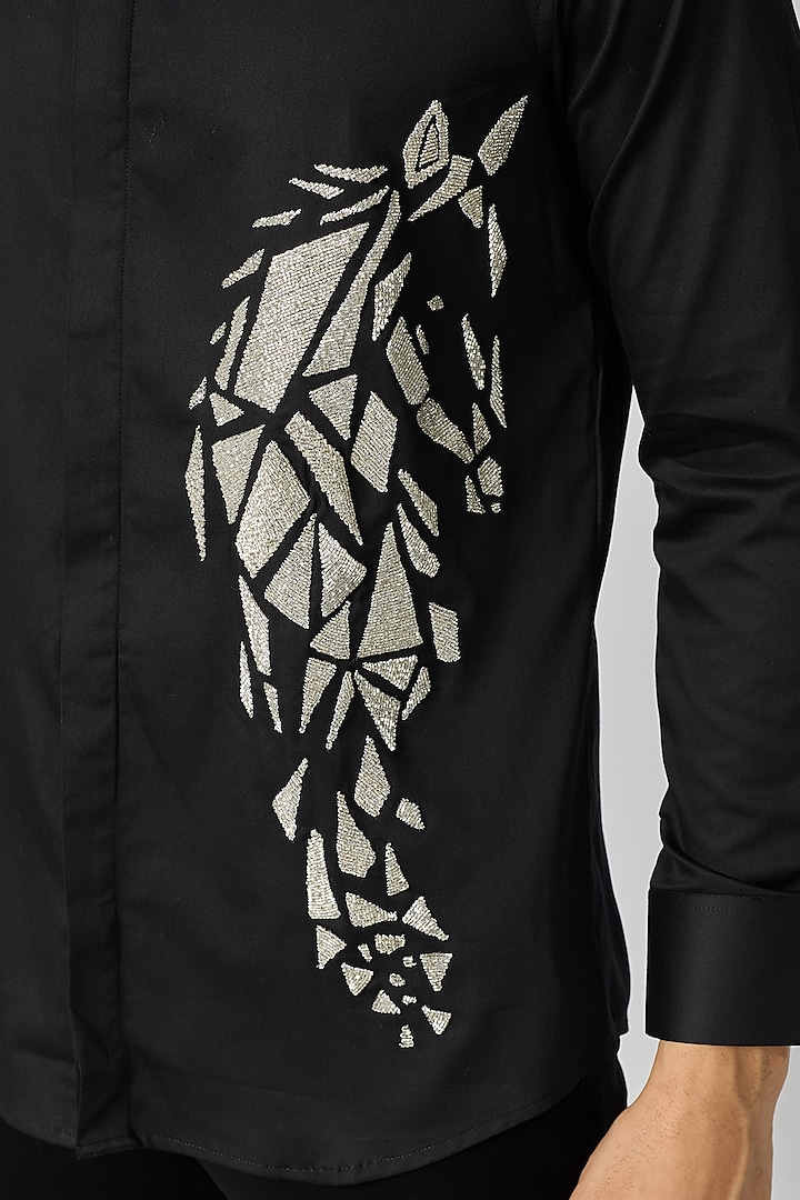 Black Cotton Cutdana Horse Motif Embroidered Party Wear Shirt by SANJANA REDDY MEN at Pernia's Pop Up Shop