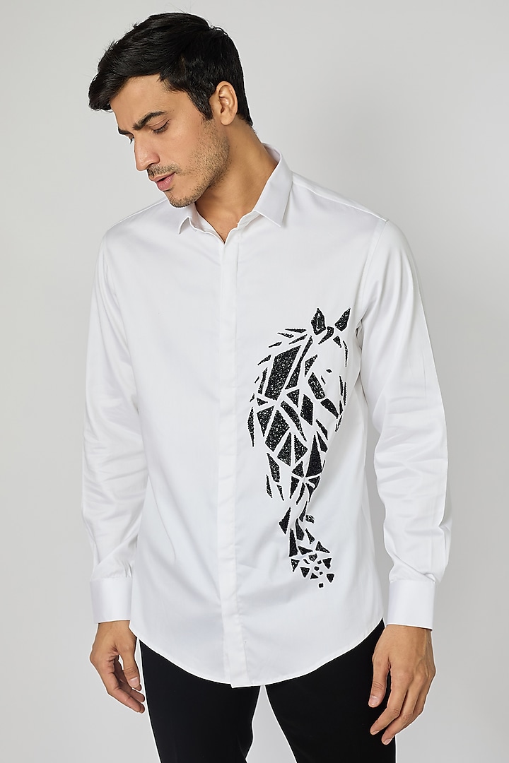 White Cotton Cutdana Horse Motif Embroidered Shirt by SANJANA REDDY MEN