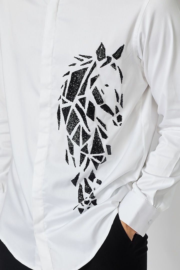 White Cotton Cutdana Horse Motif Embroidered Party Wear Shirt by SANJANA REDDY MEN at Pernia's Pop Up Shop