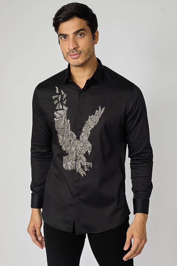Black Cotton Cutdana Eagle Motif Embroidered Shirt by SANJANA REDDY MEN