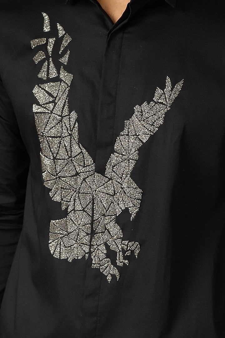 Black Cotton Cutdana Eagle Motif Embroidered Party Wear Shirt by SANJANA REDDY MEN at Pernia's Pop Up Shop