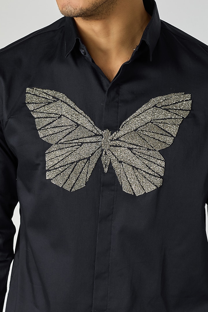 Navy Blue Cotton Cutdana Butterfly Motif Embroidered Party Wear Shirt by SANJANA REDDY MEN at Pernia's Pop Up Shop