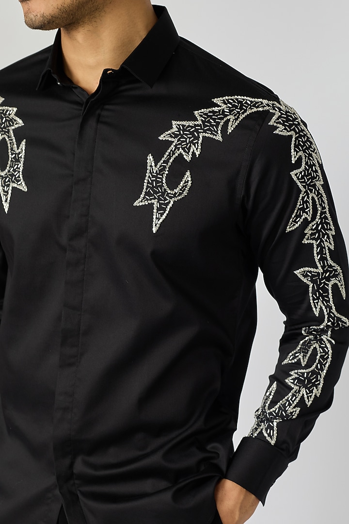 Black Cotton Hand Embroidered Party Wear Shirt by SANJANA REDDY MEN at Pernia's Pop Up Shop