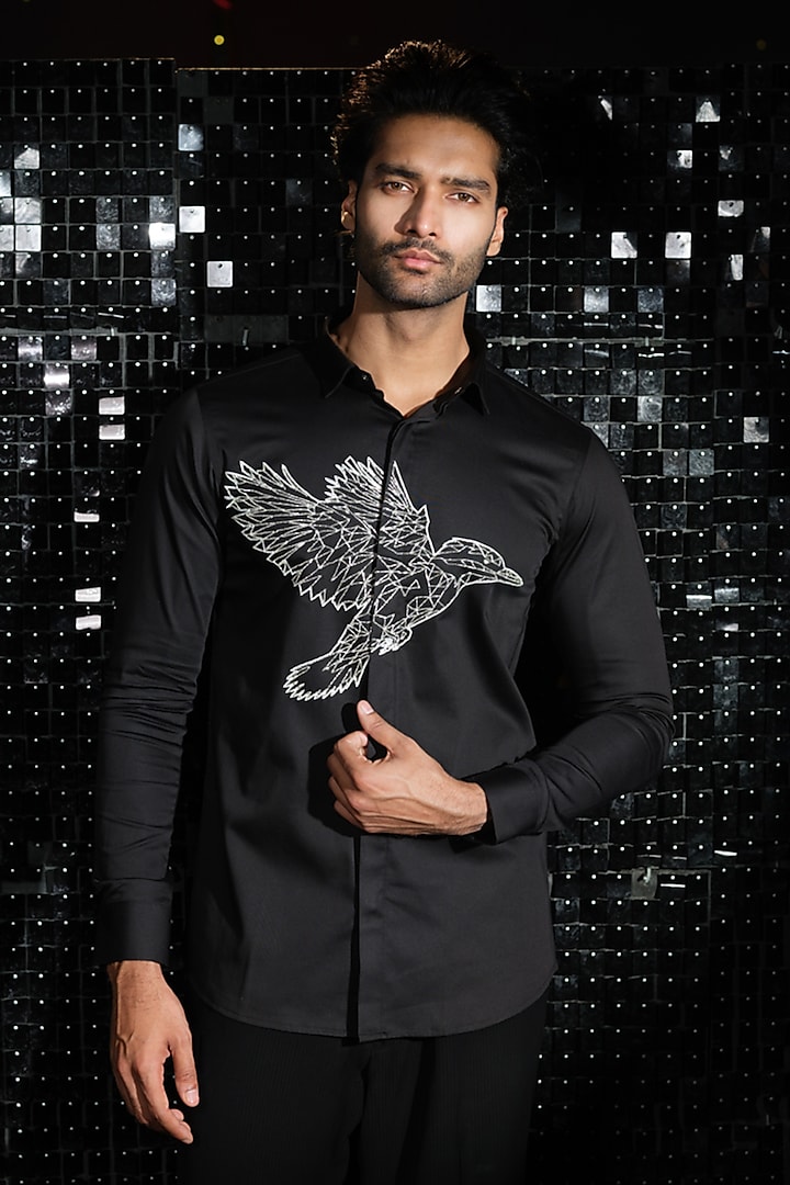 Black Stretchable Cotton Cutdana Hand Embroidered Party Wear Shirt by SANJANA REDDY MEN at Pernia's Pop Up Shop