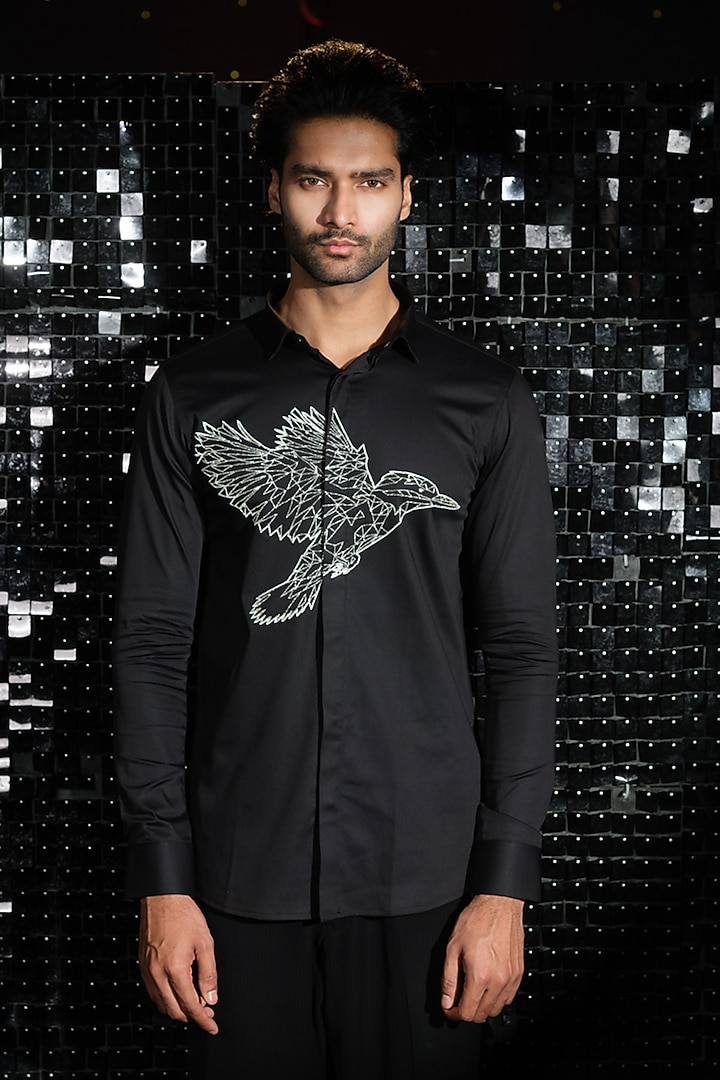 Black Stretchable Cotton Cutdana Hand Embroidered Party Wear Shirt by SANJANA REDDY MEN at Pernia's Pop Up Shop