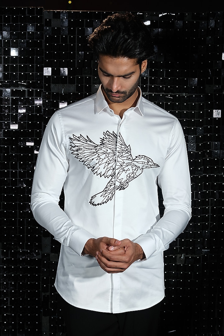 White Stretchable Cotton Cutdana Hand Embroidered Shirt by SANJANA REDDY MEN at Pernia's Pop Up Shop