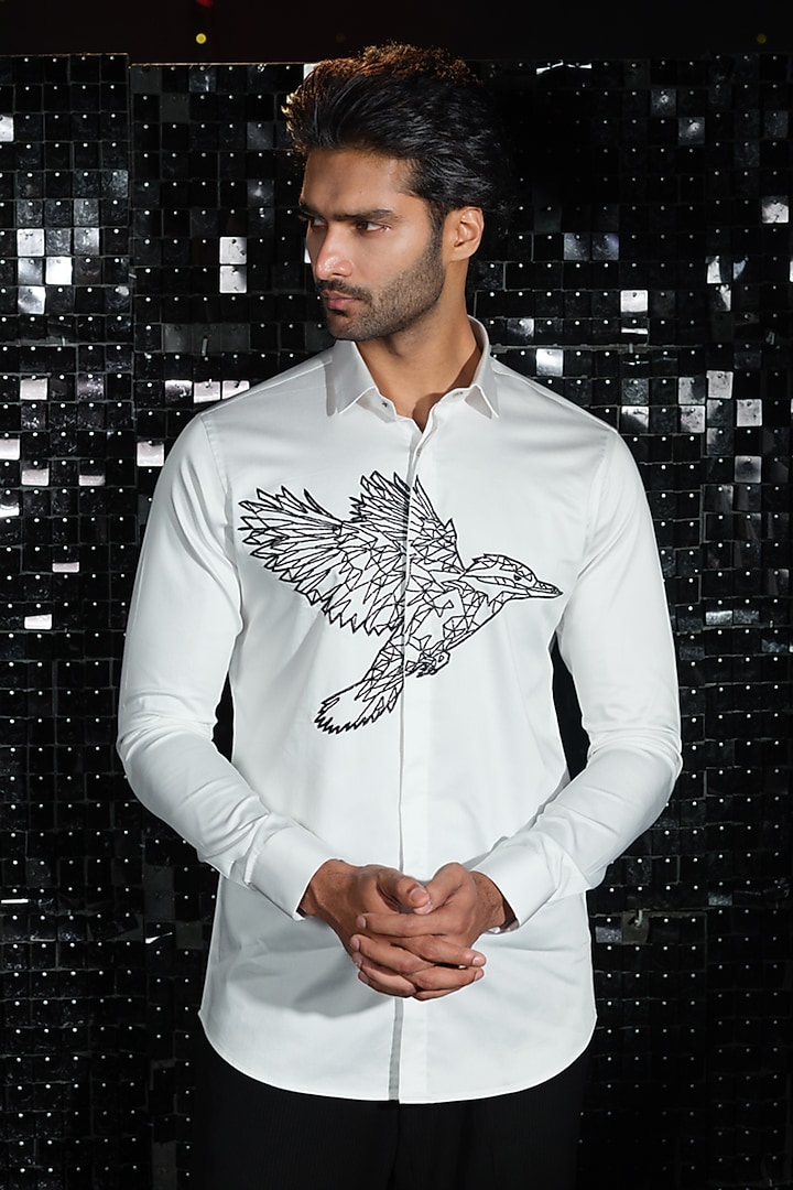 White Stretchable Cotton Cutdana Hand Embroidered Party Wear Shirt by SANJANA REDDY MEN at Pernia's Pop Up Shop