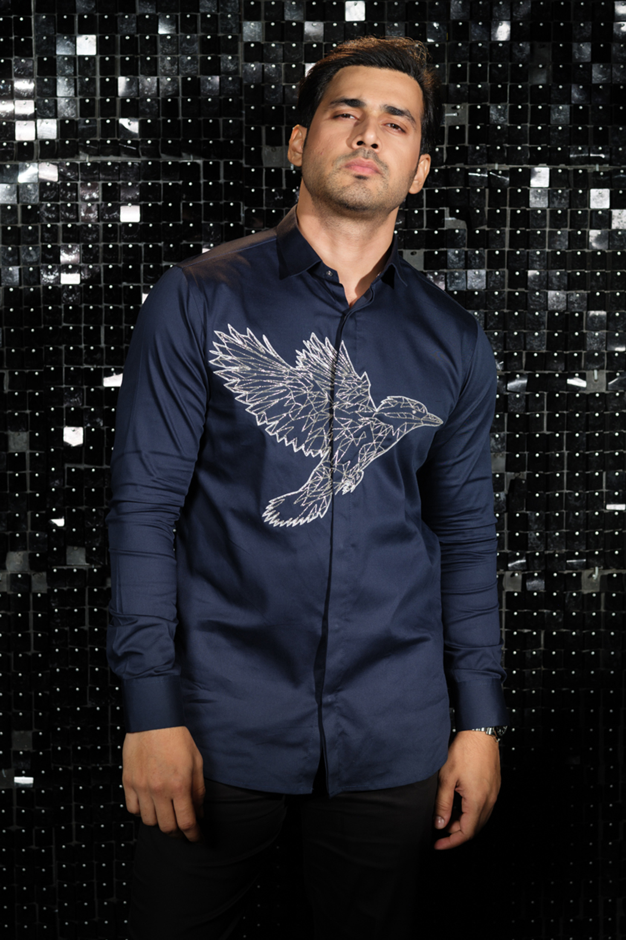 Navy Blue Stretchable Cotton Cutdana Hand Embroidered Shirt by SANJANA REDDY MEN