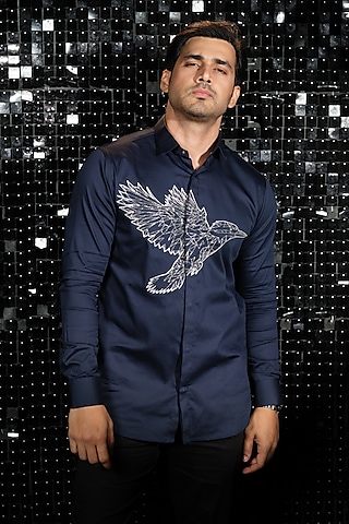 Navy Blue Stretchable Cotton Cutdana Hand Embroidered Shirt by SANJANA REDDY MEN