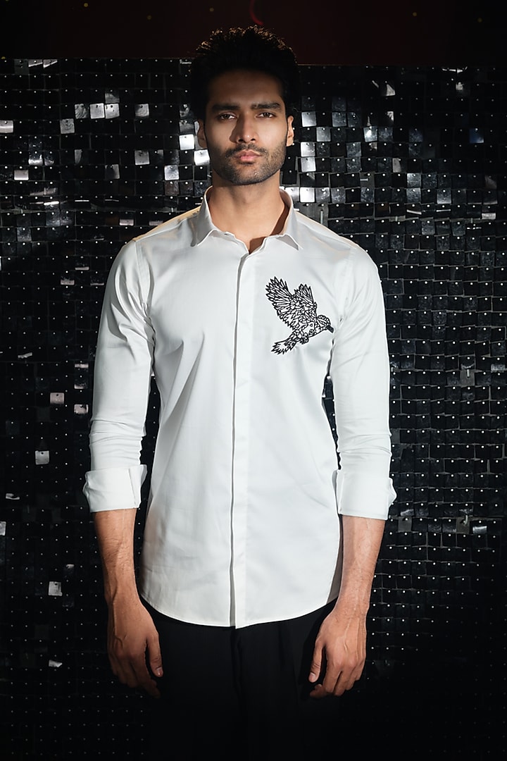 White Stretchable Cotton Cutdana Hand Embroidered Shirt by SANJANA REDDY MEN at Pernia's Pop Up Shop