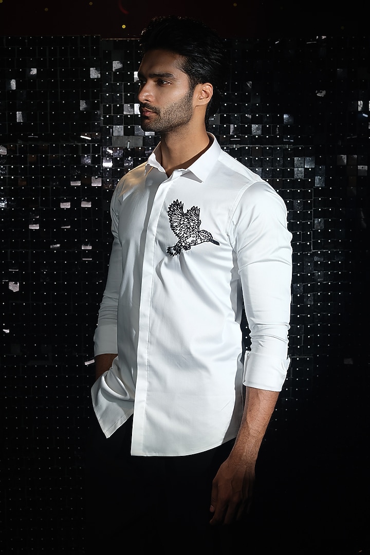 White Stretchable Cotton Cutdana Hand Embroidered Party Wear Shirt by SANJANA REDDY MEN at Pernia's Pop Up Shop
