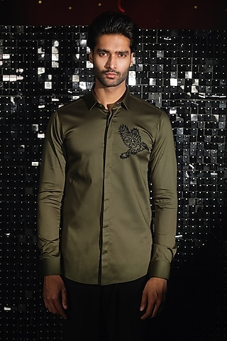 Olive Green Stretchable Cotton Cutdana Hand Embroidered Shirt by SANJANA REDDY MEN