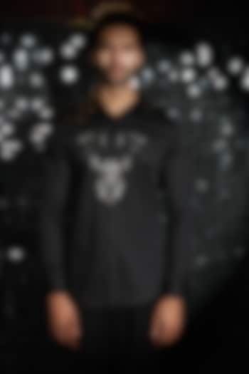 Black Stretchable Cotton 3D Reindeer Hand Embroidered Shirt by SANJANA REDDY MEN
