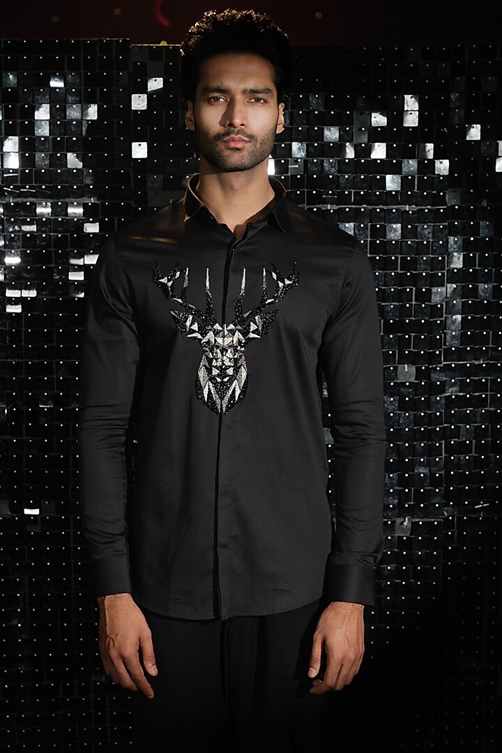 Black Stretchable Cotton 3D Reindeer Hand Embroidered Shirt by SANJANA REDDY MEN