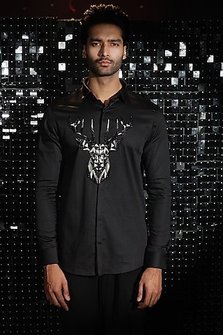 Black Stretchable Cotton 3D Reindeer Hand Embroidered Shirt by SANJANA REDDY MEN