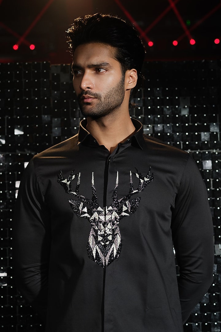 Black Stretchable Cotton 3D Reindeer Hand Embroidered Party Wear Shirt by SANJANA REDDY MEN at Pernia's Pop Up Shop
