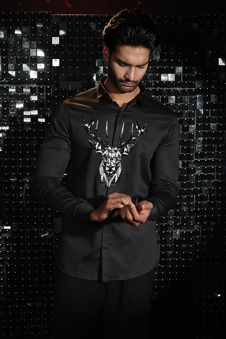 Black Stretchable Cotton 3D Reindeer Hand Embroidered Party Wear Shirt by SANJANA REDDY MEN at Pernia's Pop Up Shop