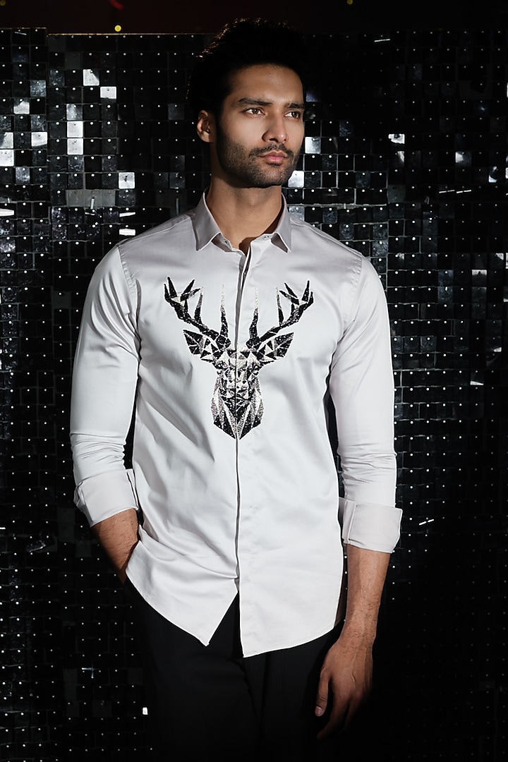 Grey Stretchable Cotton 3D Reindeer Hand Embroidered Shirt by SANJANA REDDY MEN at Pernia's Pop Up Shop