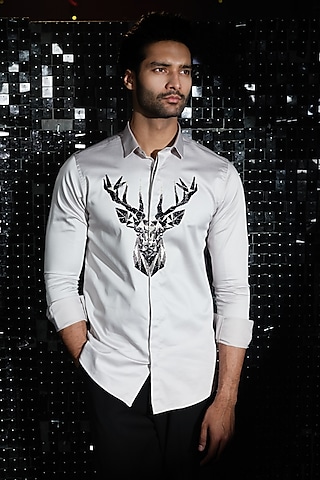 Grey Stretchable Cotton 3D Reindeer Hand Embroidered Shirt by SANJANA REDDY MEN