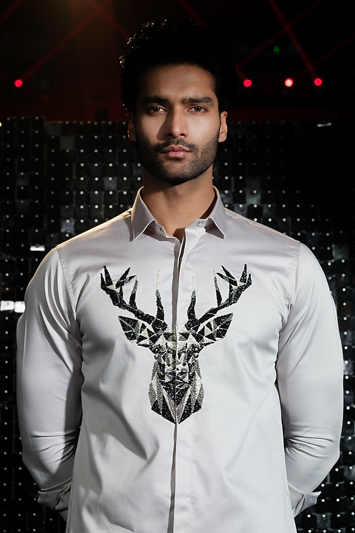 Grey Stretchable Cotton 3D Reindeer Hand Embroidered Party Wear Shirt by SANJANA REDDY MEN at Pernia's Pop Up Shop