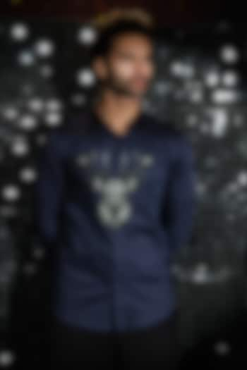 Navy Blue Stretchable Cotton 3D Reindeer Hand Embroidered Shirt by SANJANA REDDY MEN