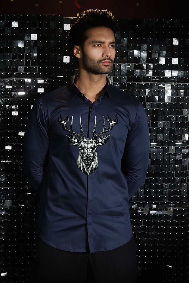 Navy Blue Stretchable Cotton 3D Reindeer Hand Embroidered Shirt by SANJANA REDDY MEN