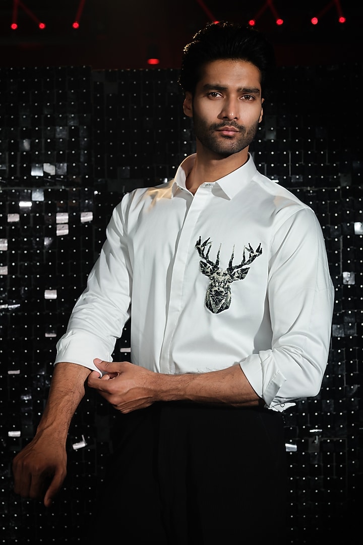 White Stretchable Cotton 3D Reindeer Hand Embroidered Shirt by SANJANA REDDY MEN at Pernia's Pop Up Shop