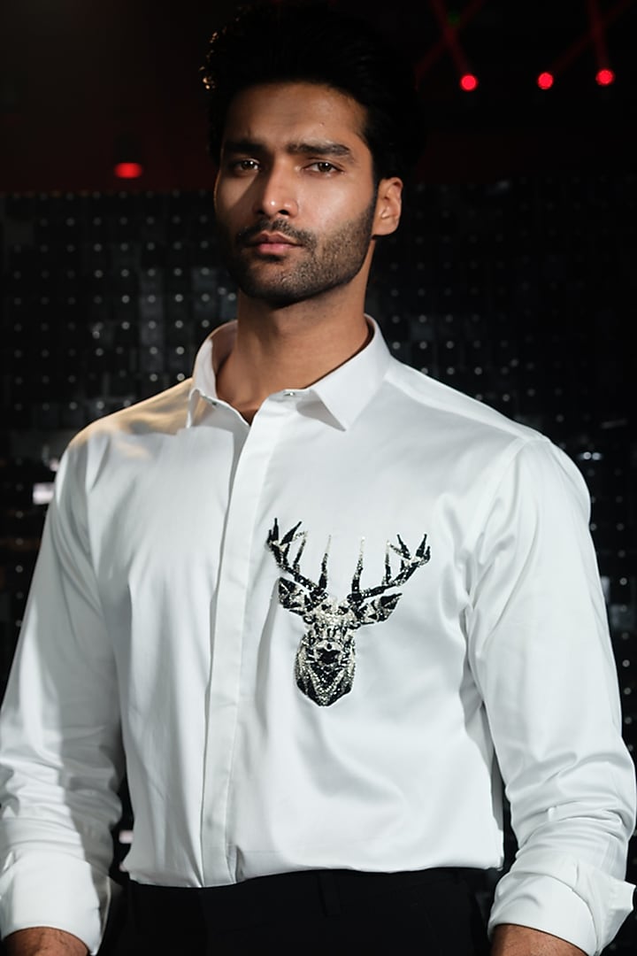 White Stretchable Cotton 3D Reindeer Hand Embroidered Party Wear Shirt by SANJANA REDDY MEN at Pernia's Pop Up Shop