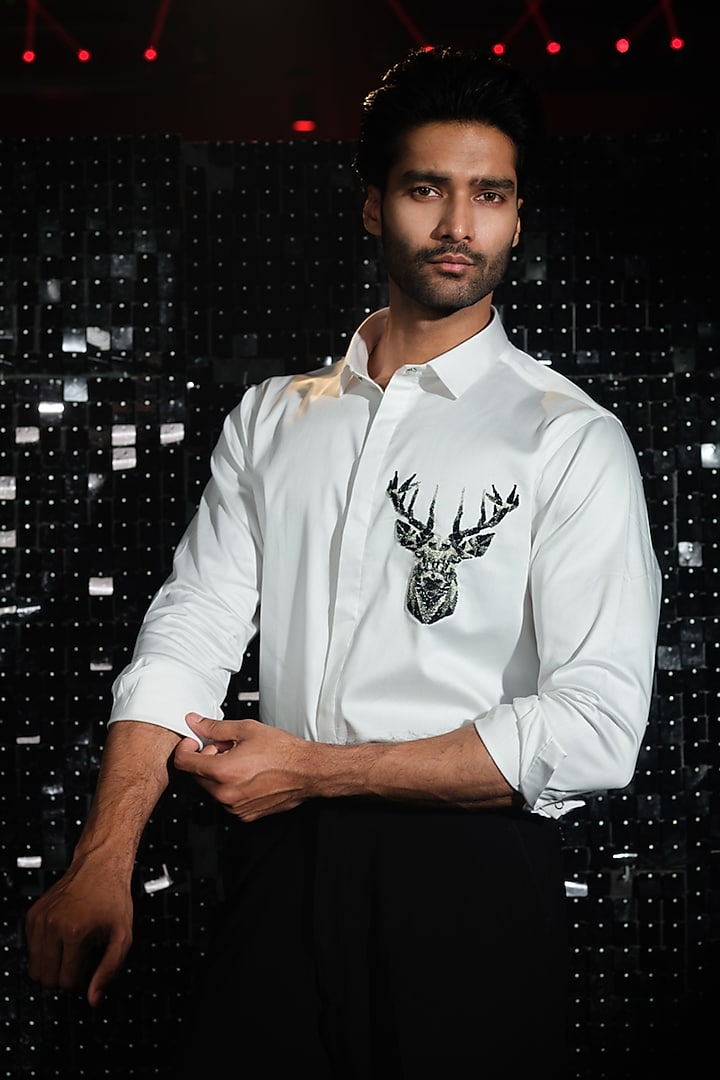 White Stretchable Cotton 3D Reindeer Hand Embroidered Party Wear Shirt by SANJANA REDDY MEN at Pernia's Pop Up Shop