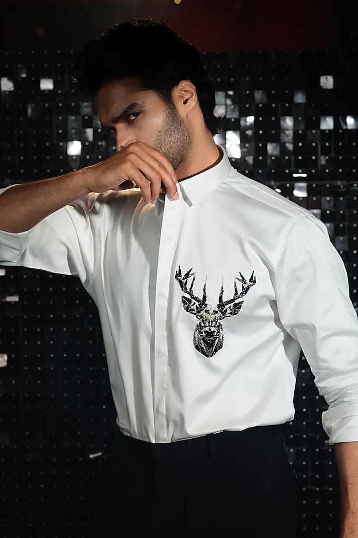 White Stretchable Cotton 3D Reindeer Hand Embroidered Party Wear Shirt by SANJANA REDDY MEN at Pernia's Pop Up Shop
