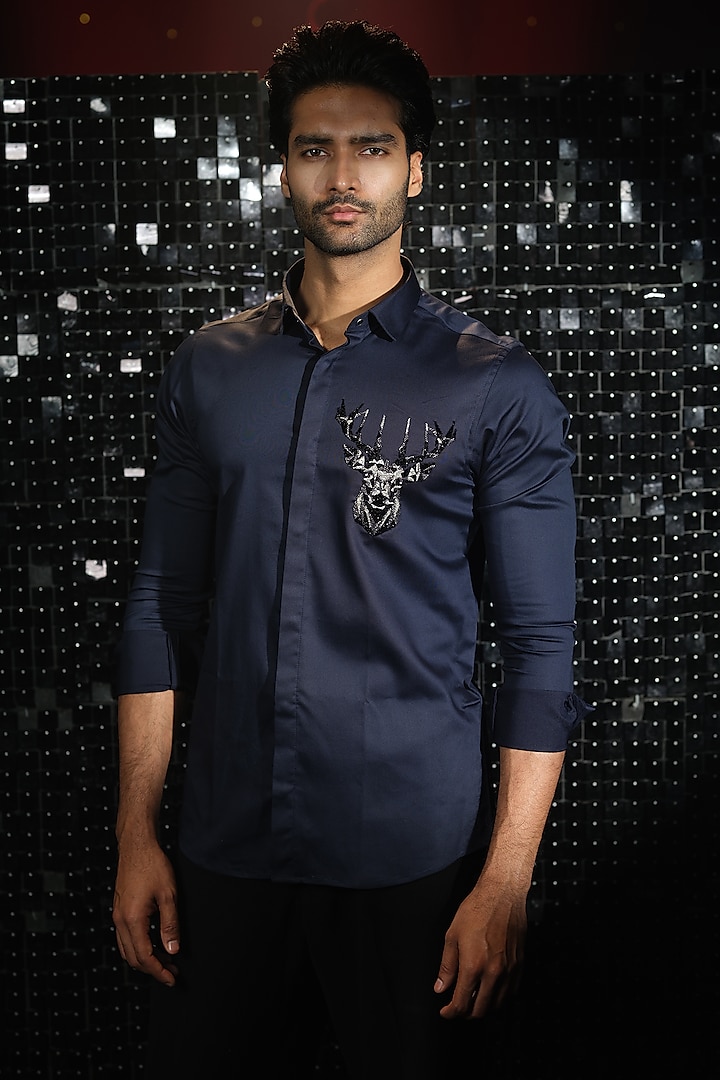 Navy Blue Stretchable Cotton 3D Reindeer Hand Embroidered Shirt by SANJANA REDDY MEN at Pernia's Pop Up Shop