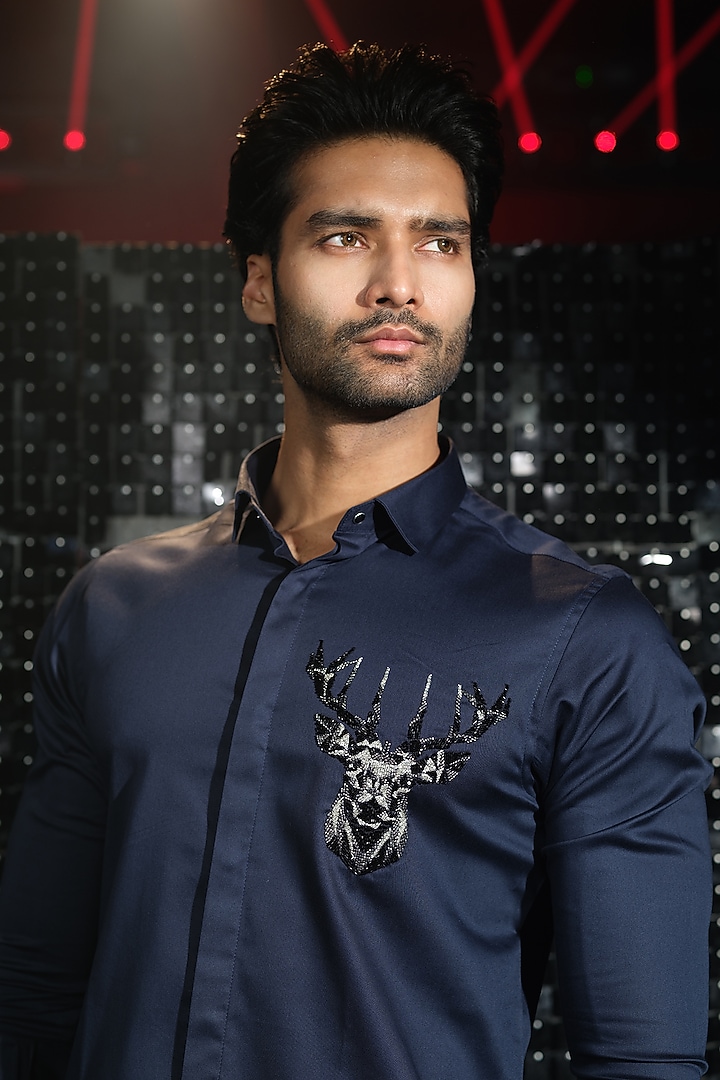 Navy Blue Stretchable Cotton 3D Reindeer Hand Embroidered Party Wear Shirt by SANJANA REDDY MEN at Pernia's Pop Up Shop