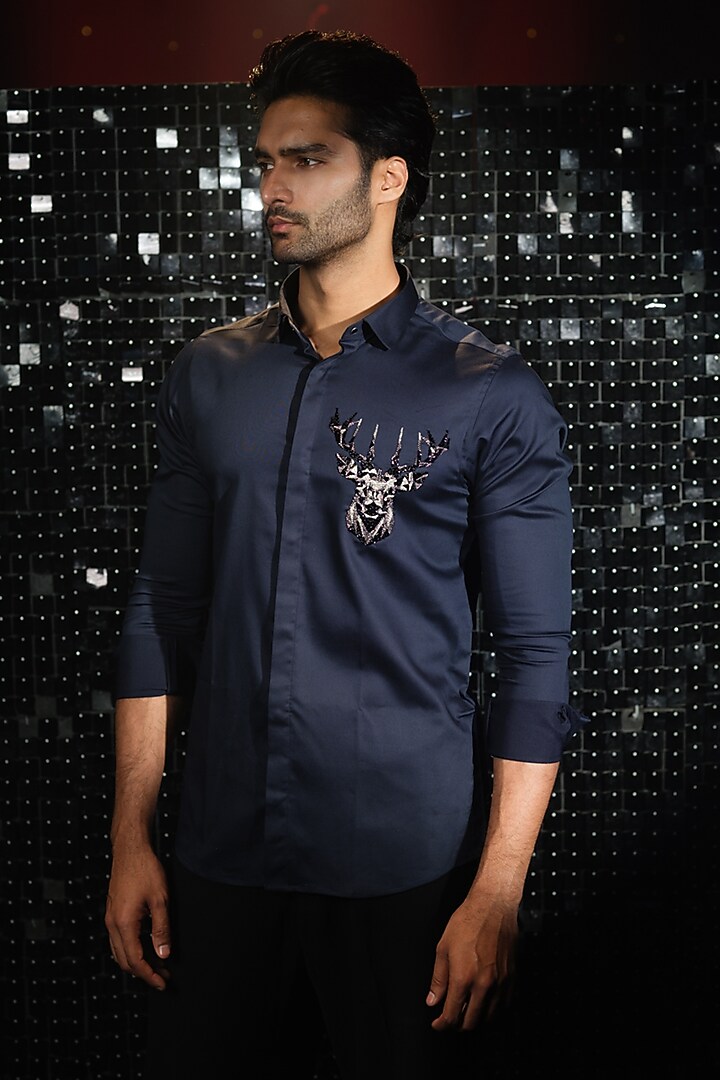 Navy Blue Stretchable Cotton 3D Reindeer Hand Embroidered Party Wear Shirt by SANJANA REDDY MEN at Pernia's Pop Up Shop
