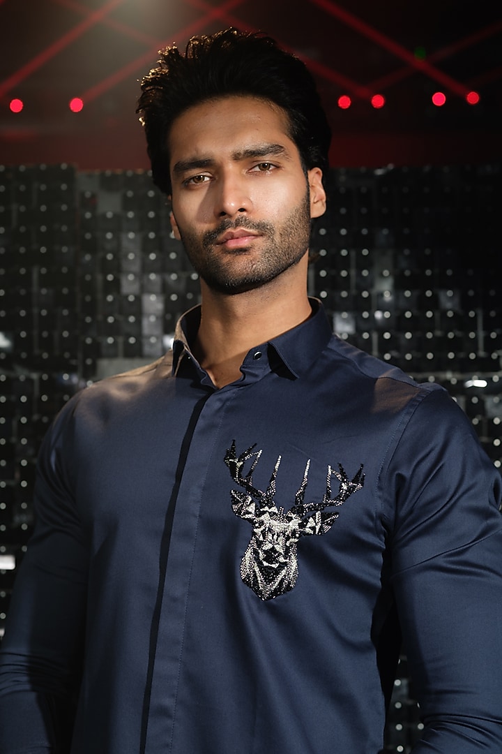 Navy Blue Stretchable Cotton 3D Reindeer Hand Embroidered Party Wear Shirt by SANJANA REDDY MEN at Pernia's Pop Up Shop