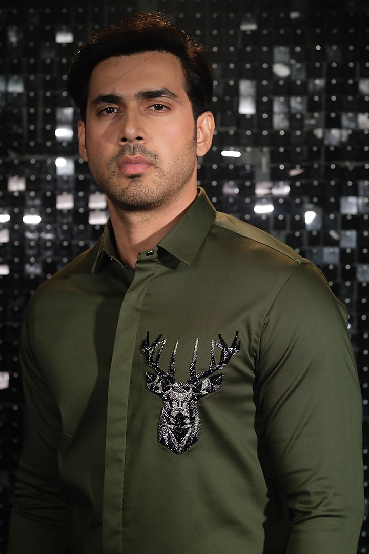 Olive Reddy Olive Green Stretchable Cotton 3D Reindeer Hand Embroidered Shirt by ...
