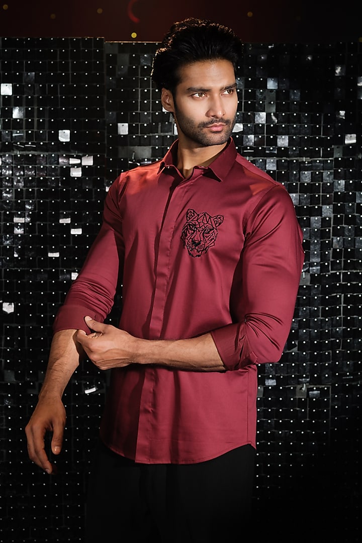 Maroon Stretchable Cotton Tiger Face Cutdana Hand Embroidered Shirt by SANJANA REDDY MEN at Pernia's Pop Up Shop