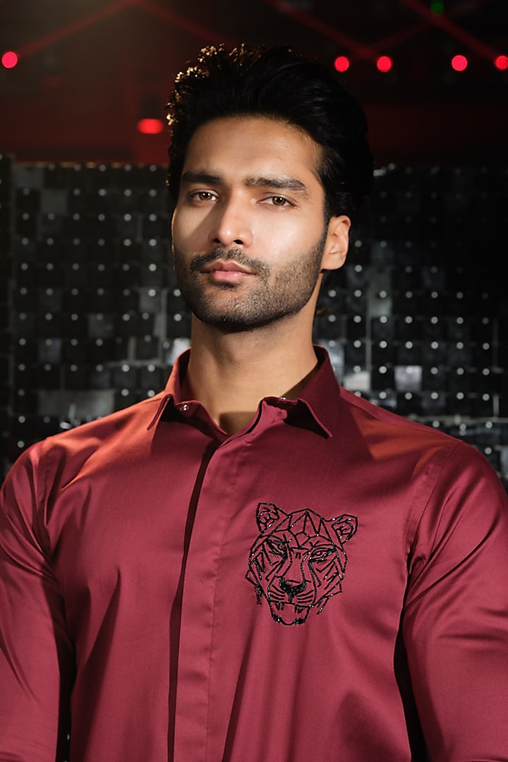 Maroon Stretchable Cotton Tiger Face Cutdana Hand Embroidered Party Wear Shirt by SANJANA REDDY MEN at Pernia's Pop Up Shop