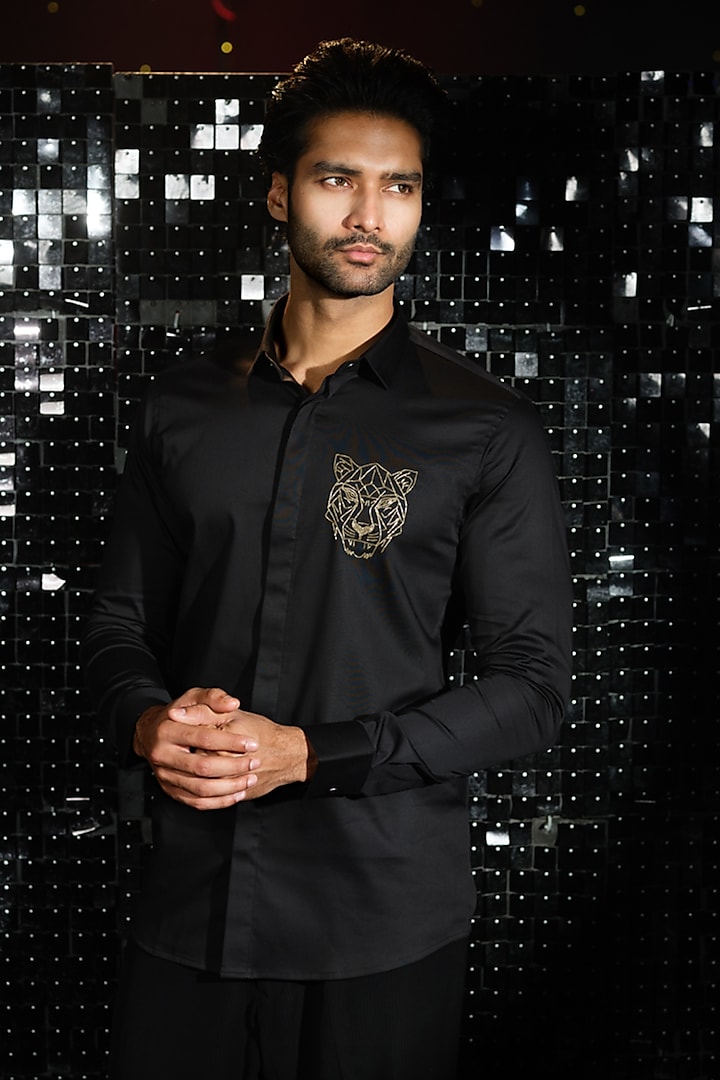 Black Stretchable Cotton Tiger Face Cutdana Hand Embroidered Shirt by SANJANA REDDY MEN