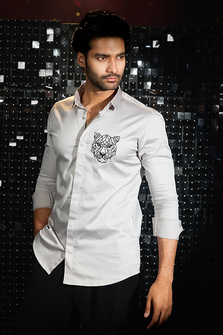 Grey Stretchable Cotton Tiger Hand Embroidered Shirt by SANJANA REDDY MEN