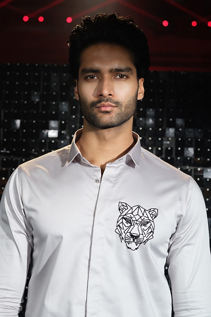 Grey Stretchable Cotton Tiger Hand Embroidered Party Wear Shirt by SANJANA REDDY MEN at Pernia's Pop Up Shop