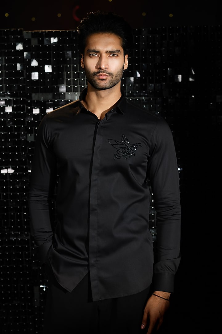 Black Stretchable Cotton Bee Hand Embroidered Shirt by SANJANA REDDY MEN at Pernia's Pop Up Shop