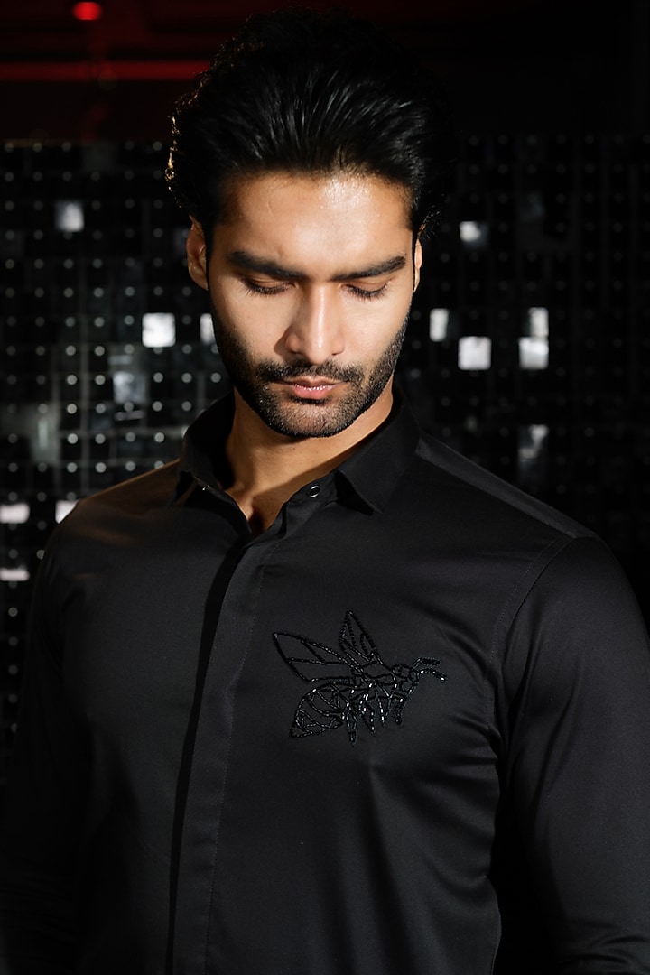 Black Stretchable Cotton Bee Hand Embroidered Party Wear Shirt by SANJANA REDDY MEN at Pernia's Pop Up Shop
