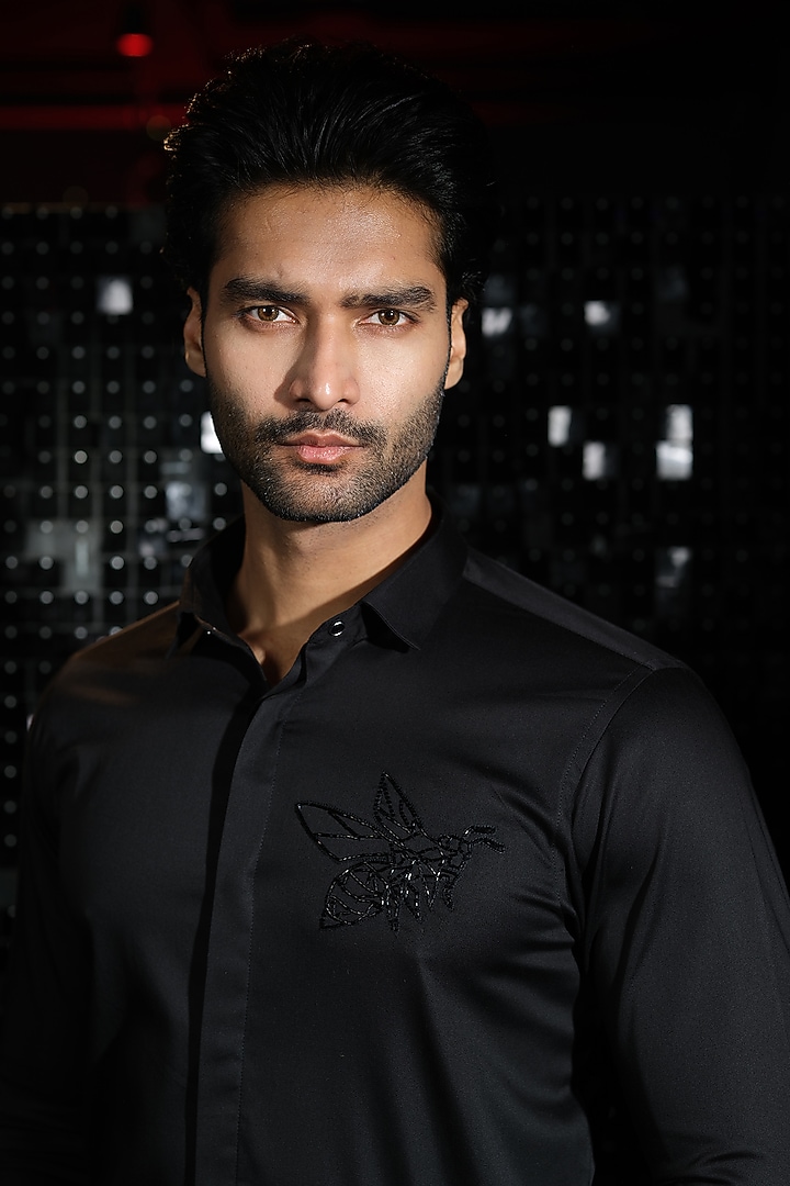 Black Stretchable Cotton Bee Hand Embroidered Party Wear Shirt by SANJANA REDDY MEN at Pernia's Pop Up Shop