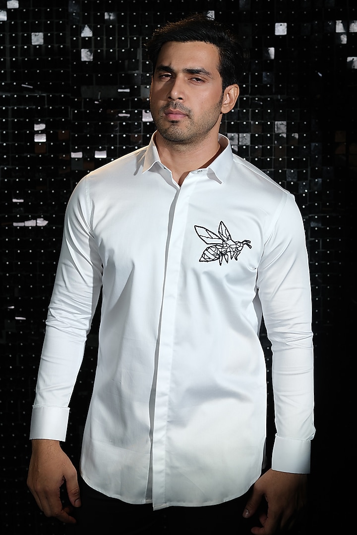 White Stretchable Cotton Bee Hand Embroidered Shirt by SANJANA REDDY MEN