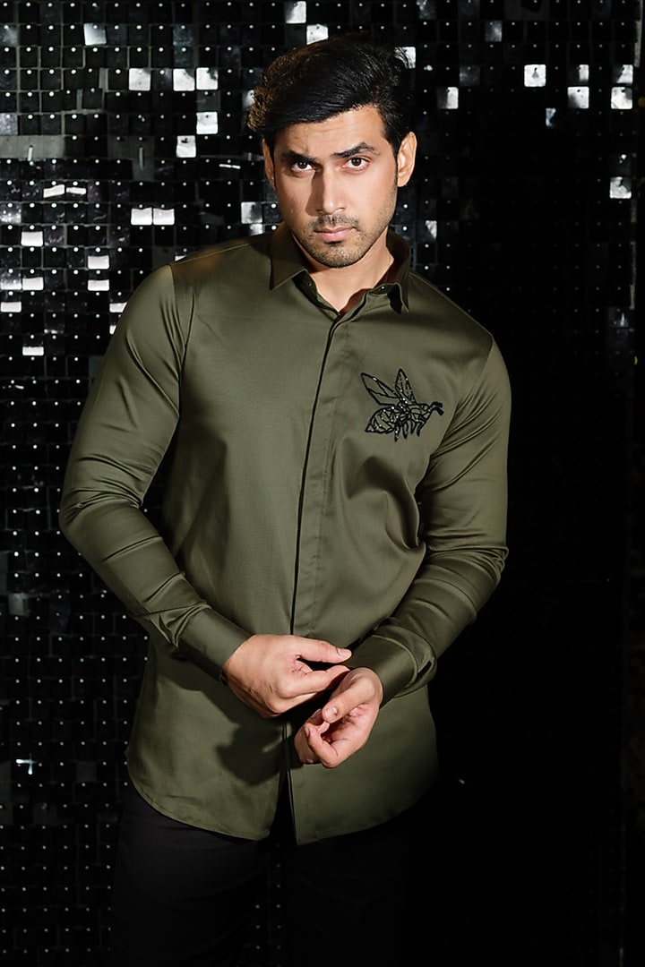 Olive Green Stretchable Cotton Bee Hand Embroidered Party Wear Shirt by SANJANA REDDY MEN at Pernia's Pop Up Shop