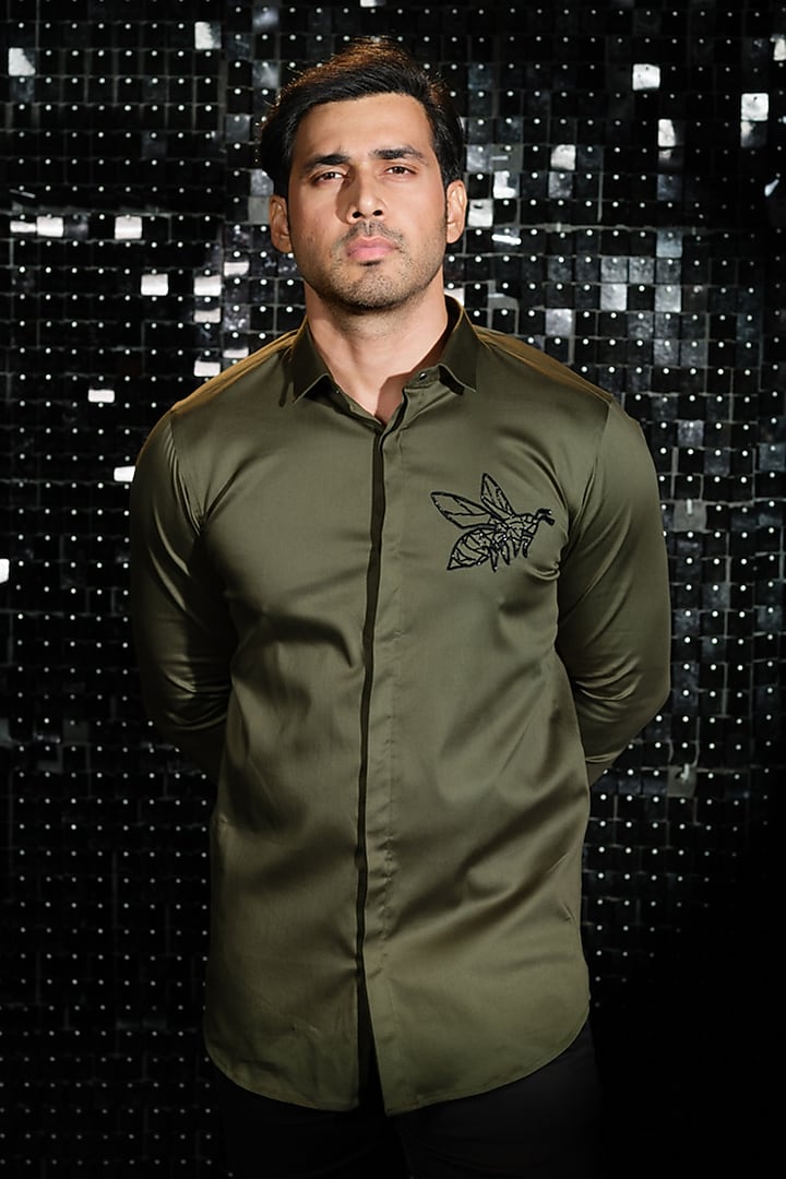 Olive Green Stretchable Cotton Bee Hand Embroidered Party Wear Shirt by SANJANA REDDY MEN at Pernia's Pop Up Shop