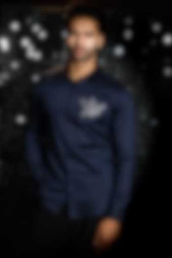 Navy Blue Stretchable Cotton Bee Hand Embroidered Party Wear Shirt by SANJANA REDDY MEN at Pernia's Pop Up Shop