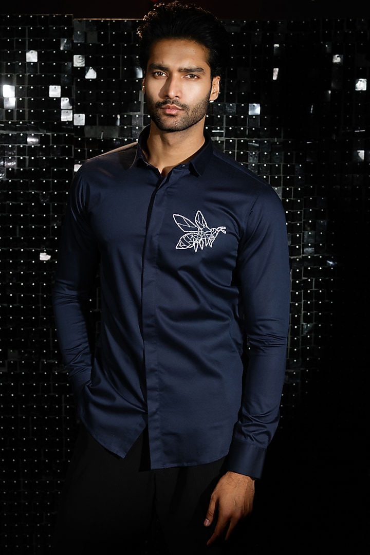 Navy Blue Stretchable Cotton Bee Hand Embroidered Party Wear Shirt by SANJANA REDDY MEN at Pernia's Pop Up Shop