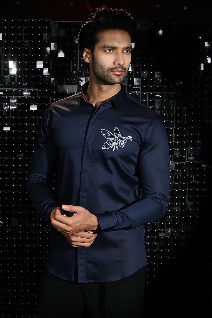 Navy Blue Stretchable Cotton Bee Hand Embroidered Party Wear Shirt by SANJANA REDDY MEN at Pernia's Pop Up Shop